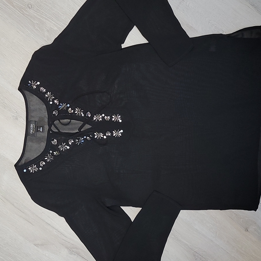 Nicole Miller Small black sheer long sleeved V Neck blouse with beading [101]